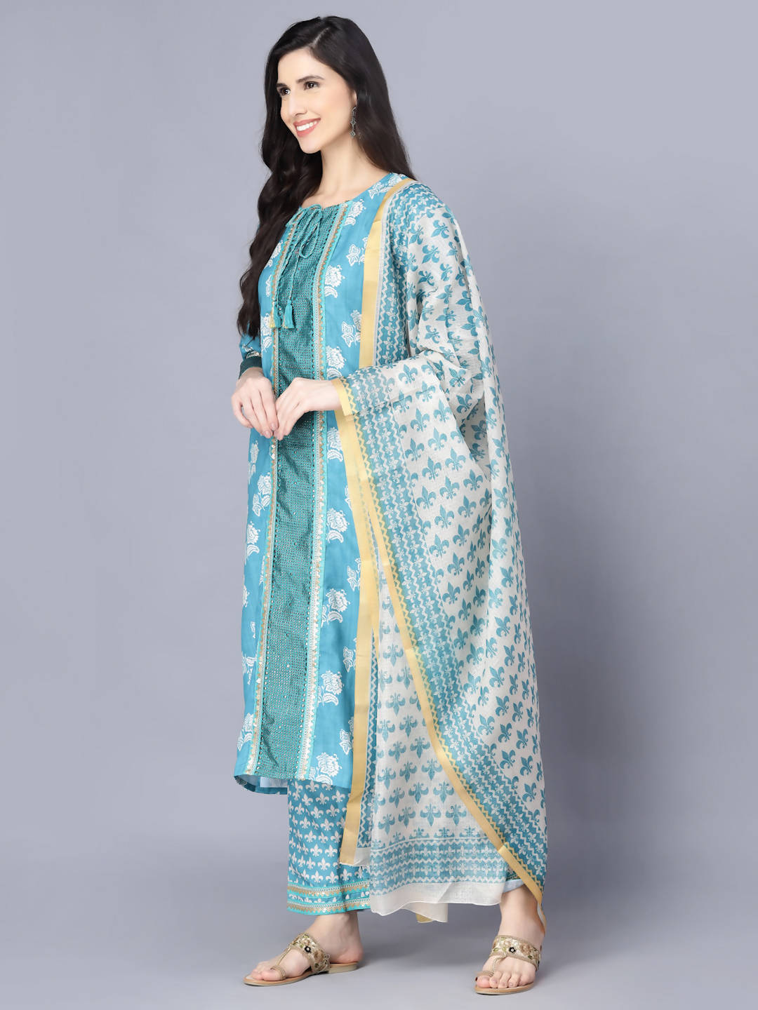 Myshka Women Blue Ethnic Motifs Printed Kurta with Trousers With Dupatta - Distacart