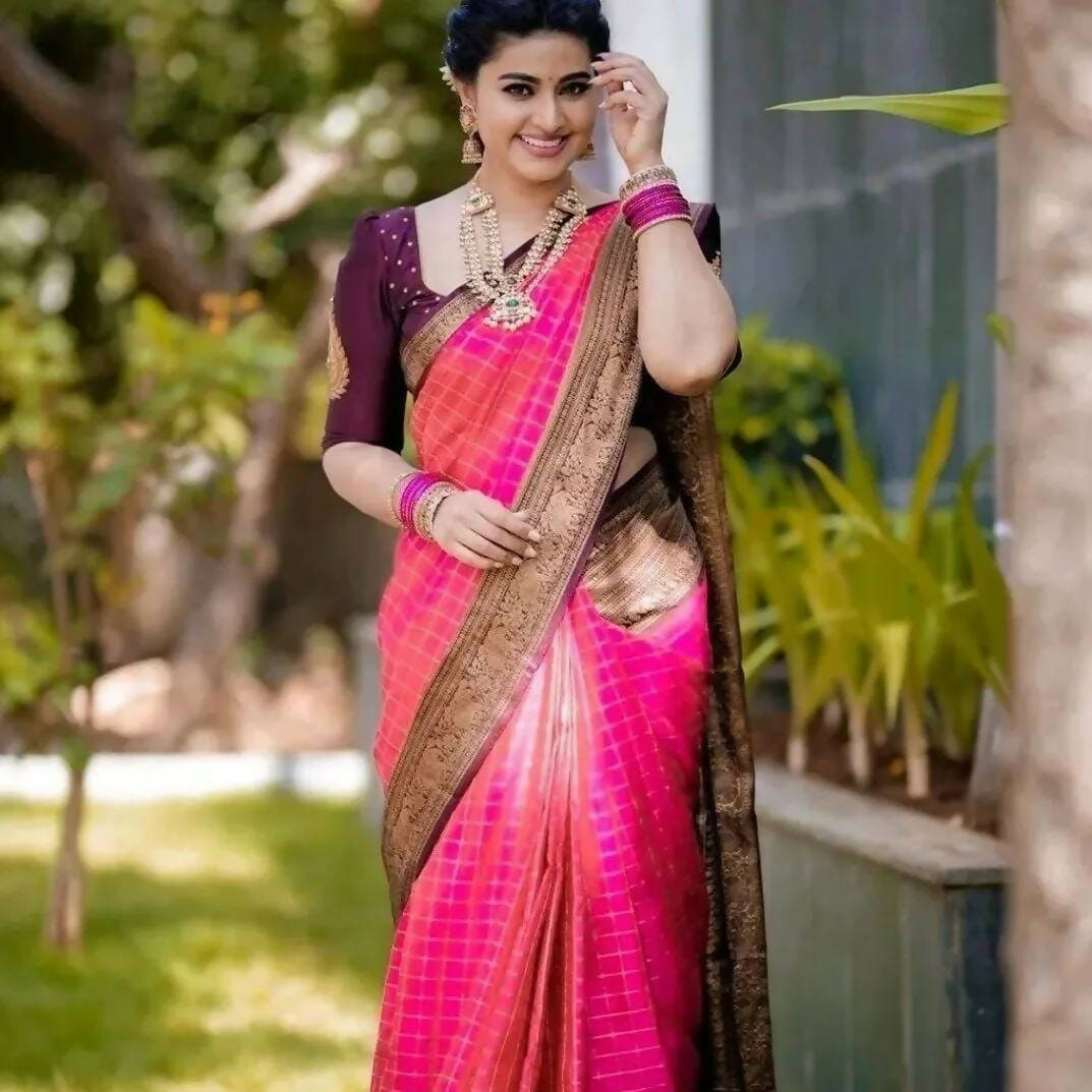 DEIANA'S Beautiful Golden Jari with New Design Soft Lichi Silk Saree - Pink - Distacart