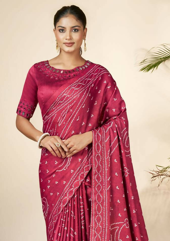 Pink Gajji Silk Bandhani Print with Mirror hand work Saree - Norita Nirvi - Distacart