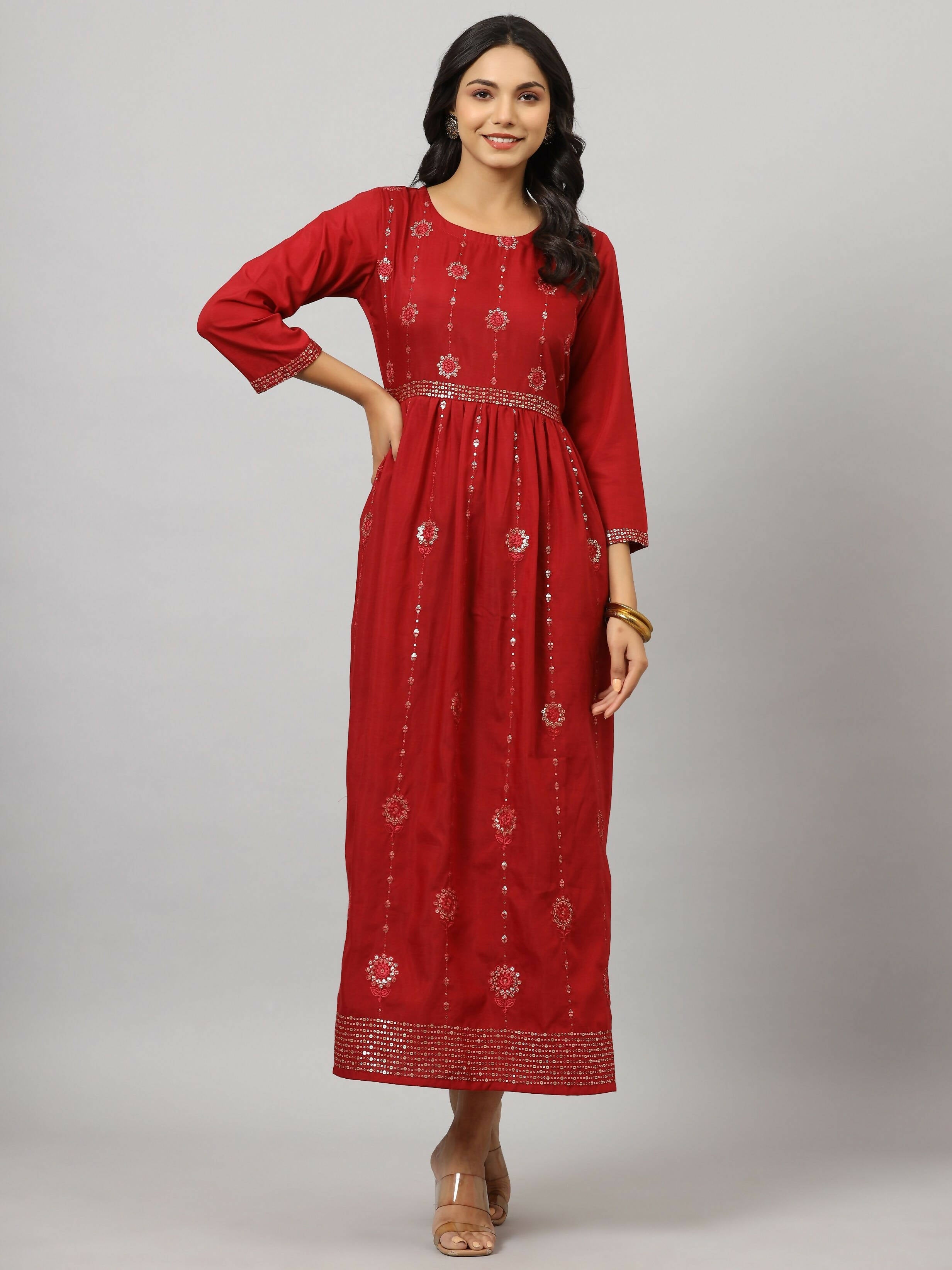 Juniper Women's Maroon Festive Printed Flared Dress - Distacart