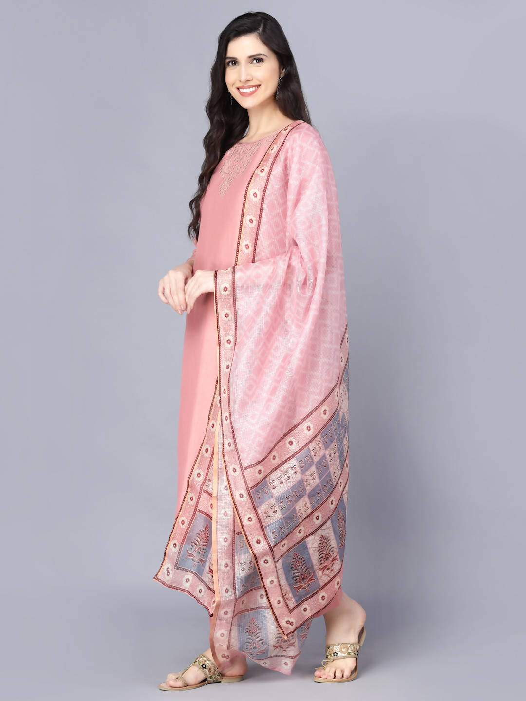 Myshka Women Peach-Coloured Layered Kurta with Trousers With Dupatta - Distacart