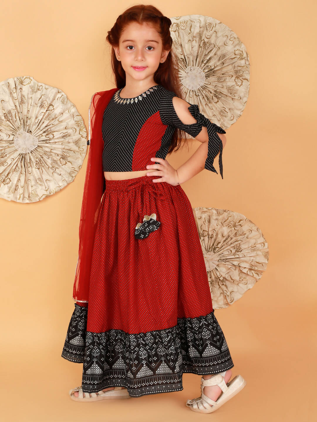 Lil Drama Girls Ghaghra Choli With Dupatta Set - Red - Distacart
