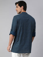 Thumbnail for Janasya Men Navy Blue & Yellow Geometric Printed Kurta - Distacart