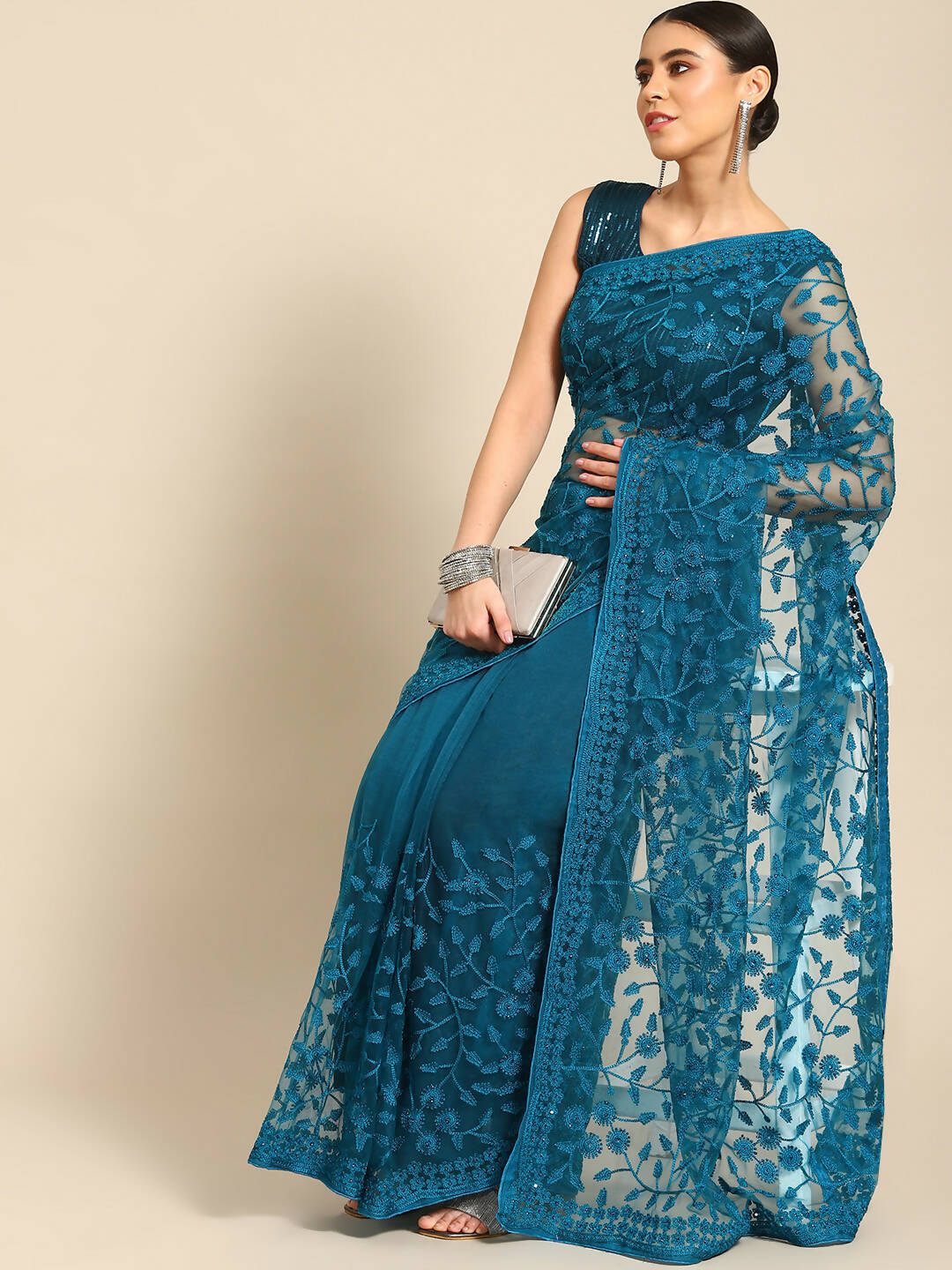 Blue Woven Design Net Saree with Blouse Piece - Kalamkari - Distacart