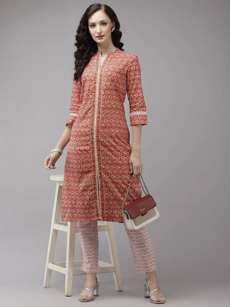 Yufta Peach and Off White Kurta Trouser Set