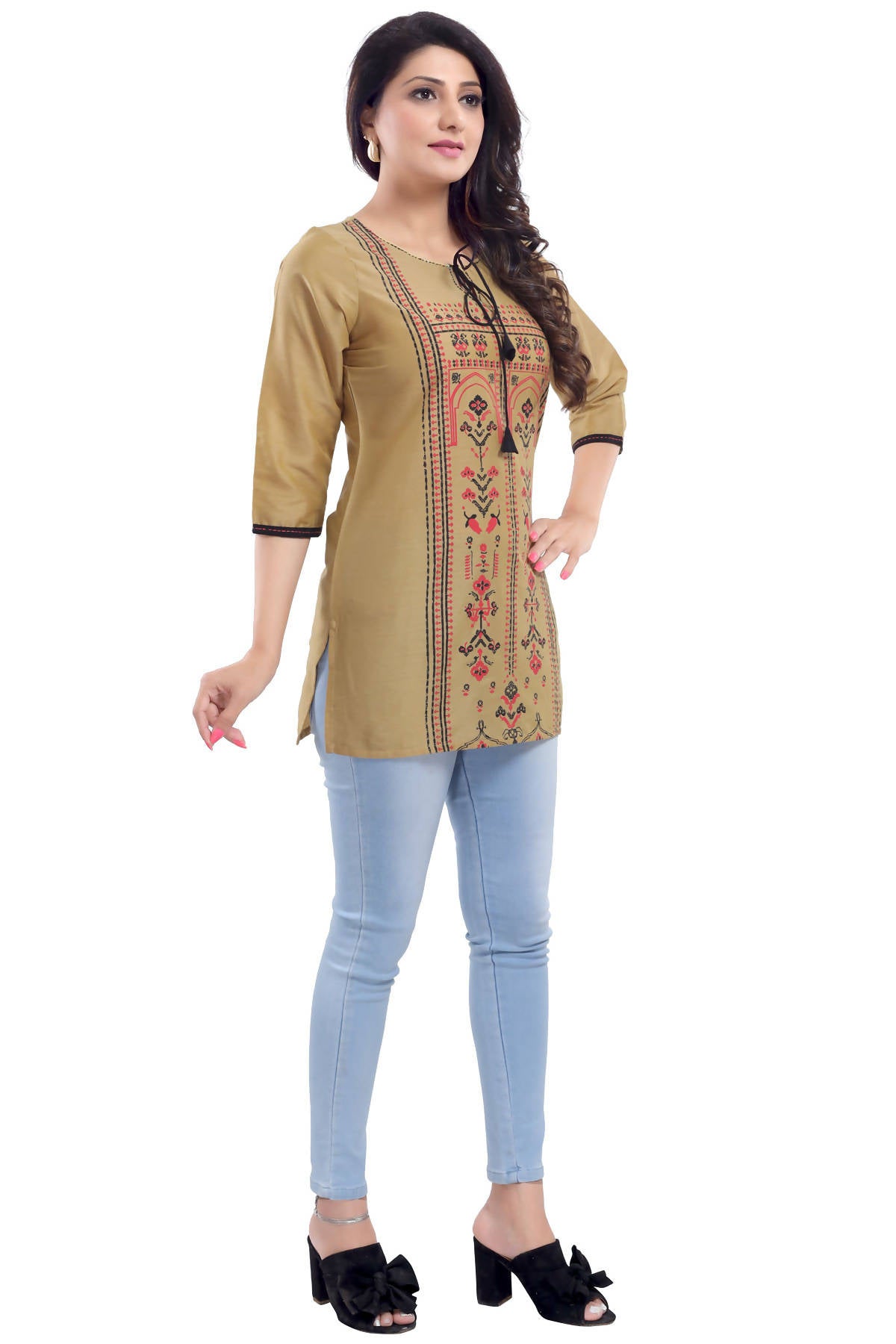 Snehal Creations Luxurious Fine Gold Cotton Silk Short Tunic Top - Distacart