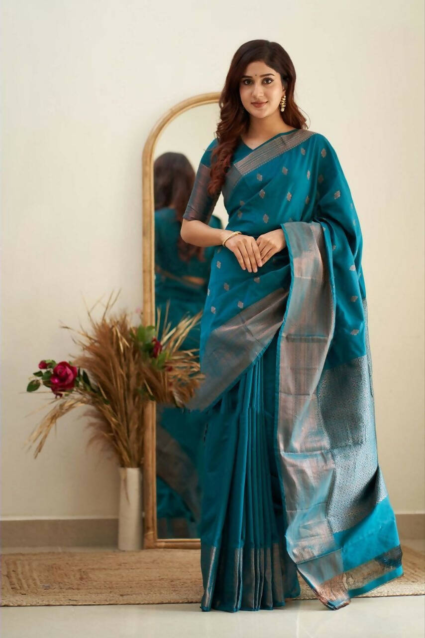DEIANA'S Beautiful Golden Jari with New Design Soft Lichi Silk Saree - Firozi - Distacart