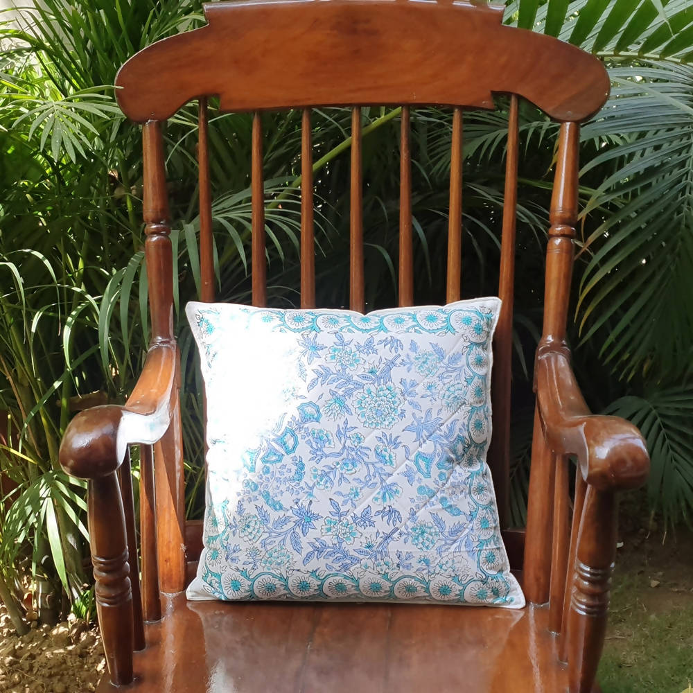 Floral Print Cushion Cover in Soothing Blue And Green Colour