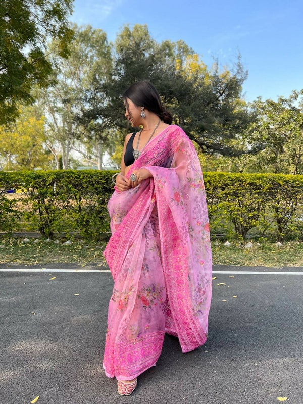 Vastrasky Pink Organza Saree - Distacart