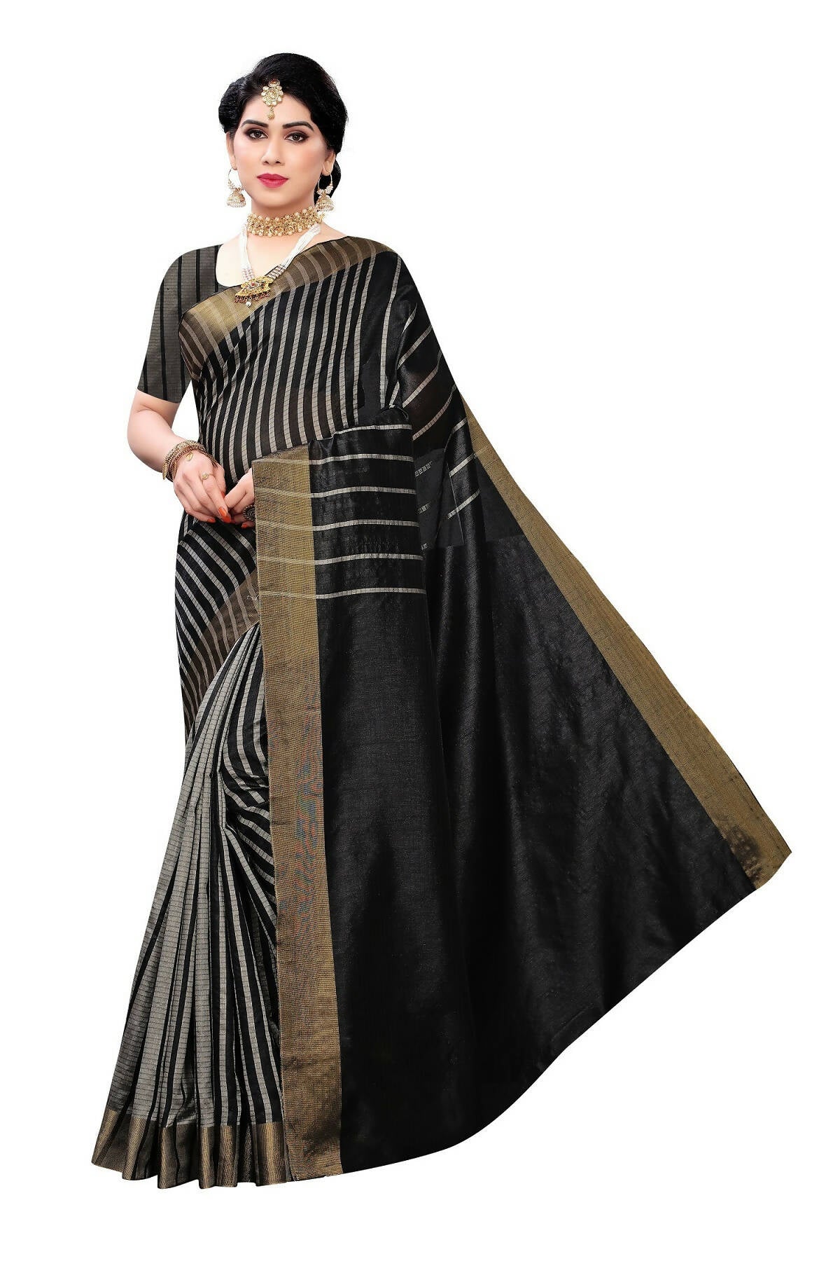 Vamika Black and White Lines Cotton Silk Weaving Saree (Paithani Black) - Distacart