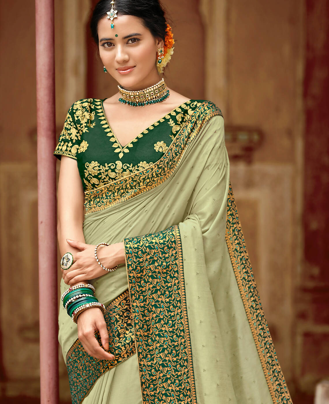Green Vichitra Stone Work Saree With Unstitched Blouse Piece - Rosy - Distacart