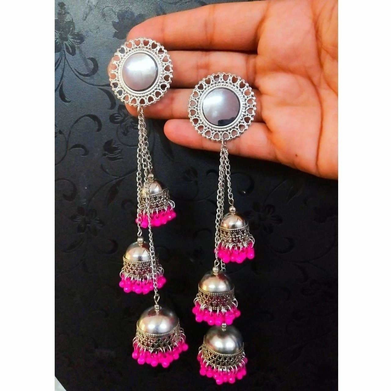 Kashmiri Triple Hanging Pink Color Pearls Jhumkas