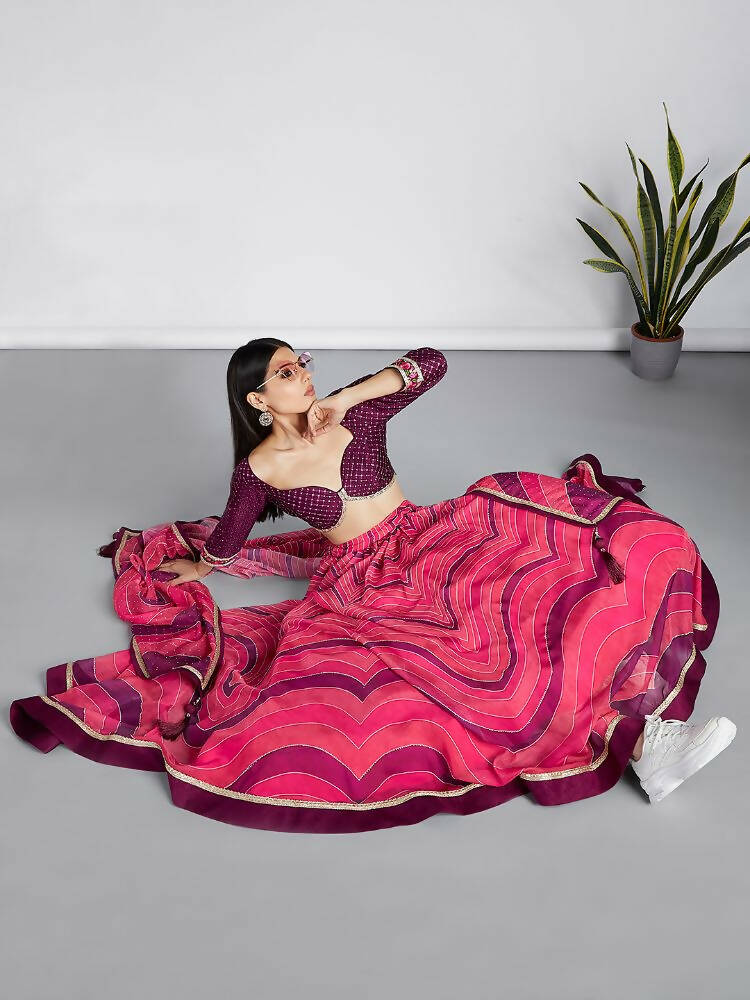 House of Panchhi Rose Organza Siroski Stone Work Leheriya Print Lehenga Choli & Dupatta - Distacart