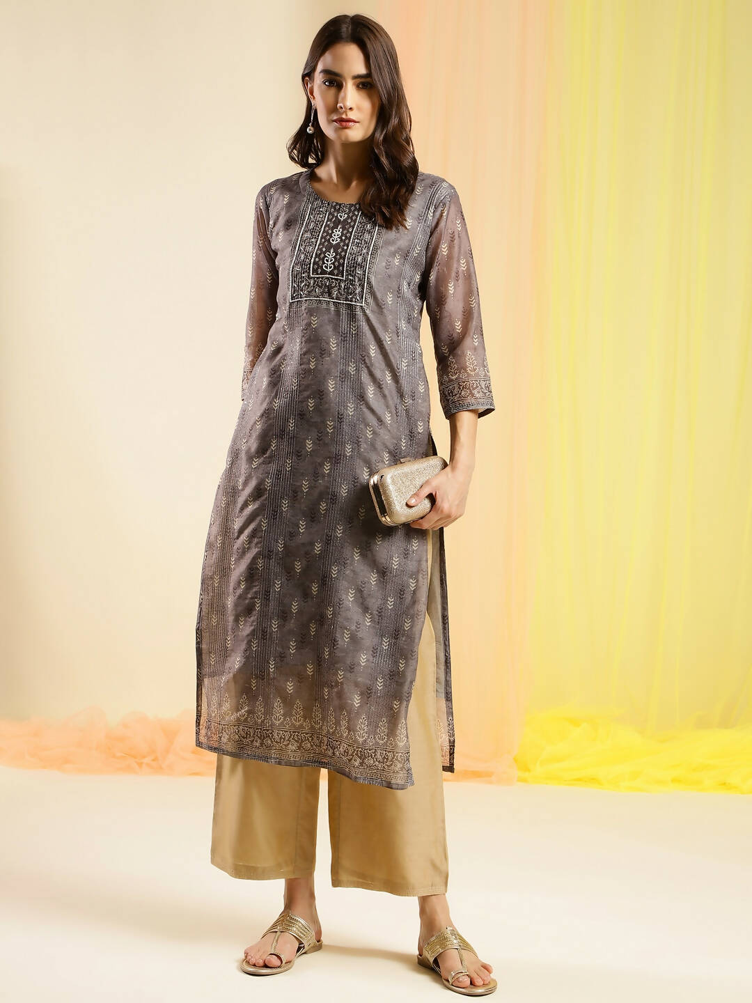 Grey Chinon Digital Printed With Hand Work Kurta - Himanshi - Distacart