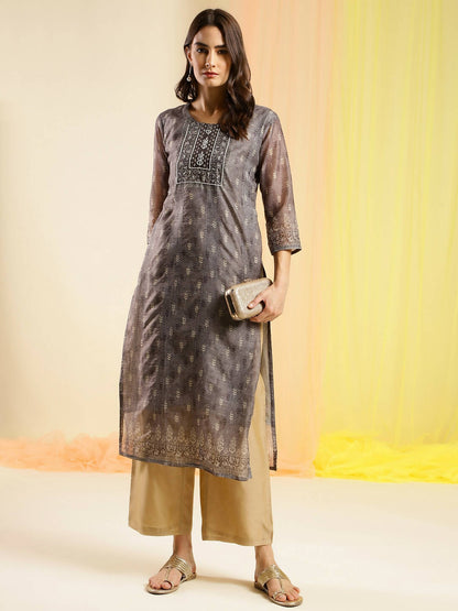Grey Chinon Digital Printed With Hand Work Kurta - Himanshi - Distacart