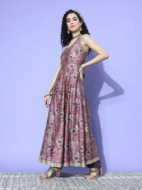 Thumbnail for Varanga Purple Floral Printed Sequin Embellished V-Neck Anarkali Kurta With Flared Hem - Distacart