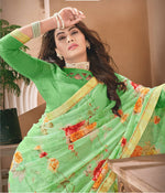 Thumbnail for Green Georgette Floral Printed Saree With Unstitched Blouse Piece - Jyoti - Distacart