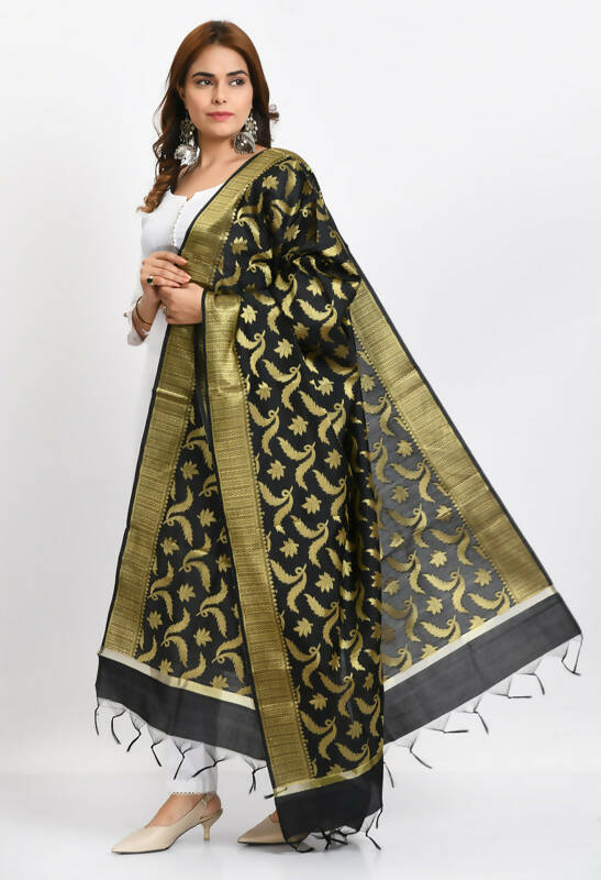 Mominos Fashion Moeza Women's Banarsi Silk Floral Woven Design Black Dupatta - Distacart