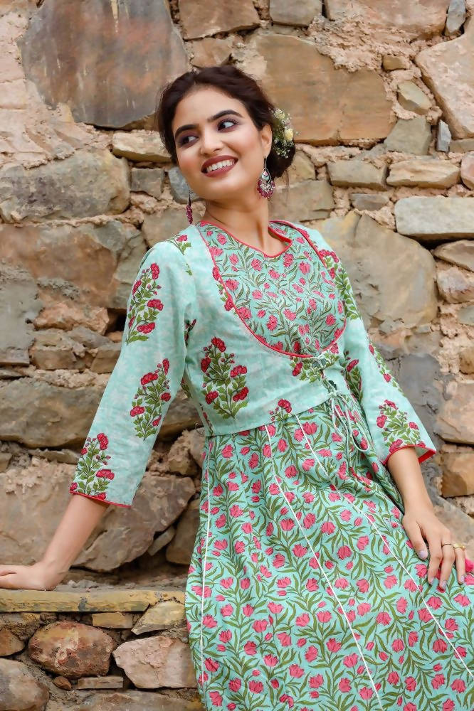 Yufta Women Grey Handblock A-Line Kurta with Trouser