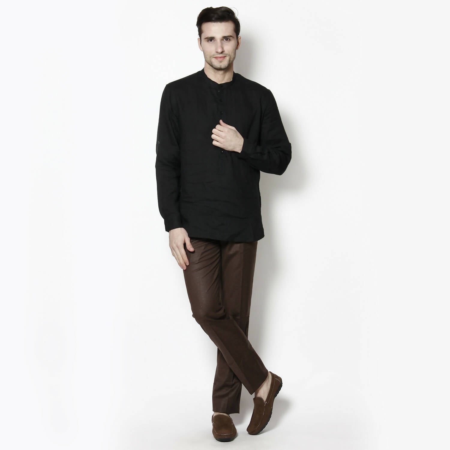 Even Apparels Black Linen Linen Men's Kurta With Band Collar - Distacart