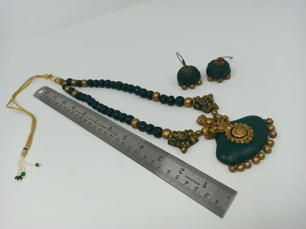 Terracotta Dark Green Crown Pendant Long Necklace Set Paired with Hanging Temple Jhumkas