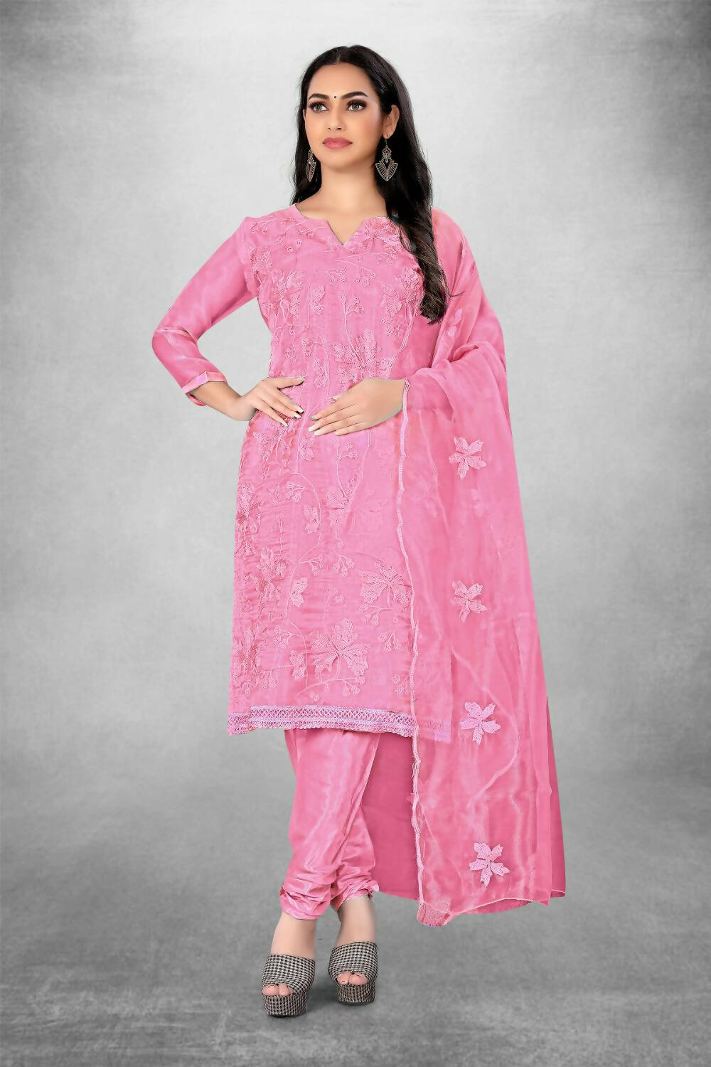 Pink Heavy Organza Silk Embroidered Unstitched Dress Material - Amara - Distacart