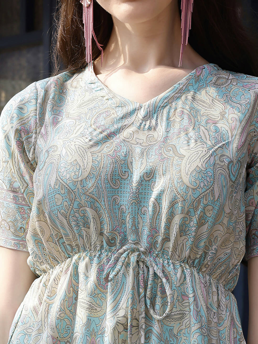Sky Blue Rayon Paisley & Floral Printed Top with Matching Bottom - Eesha - Distacart
