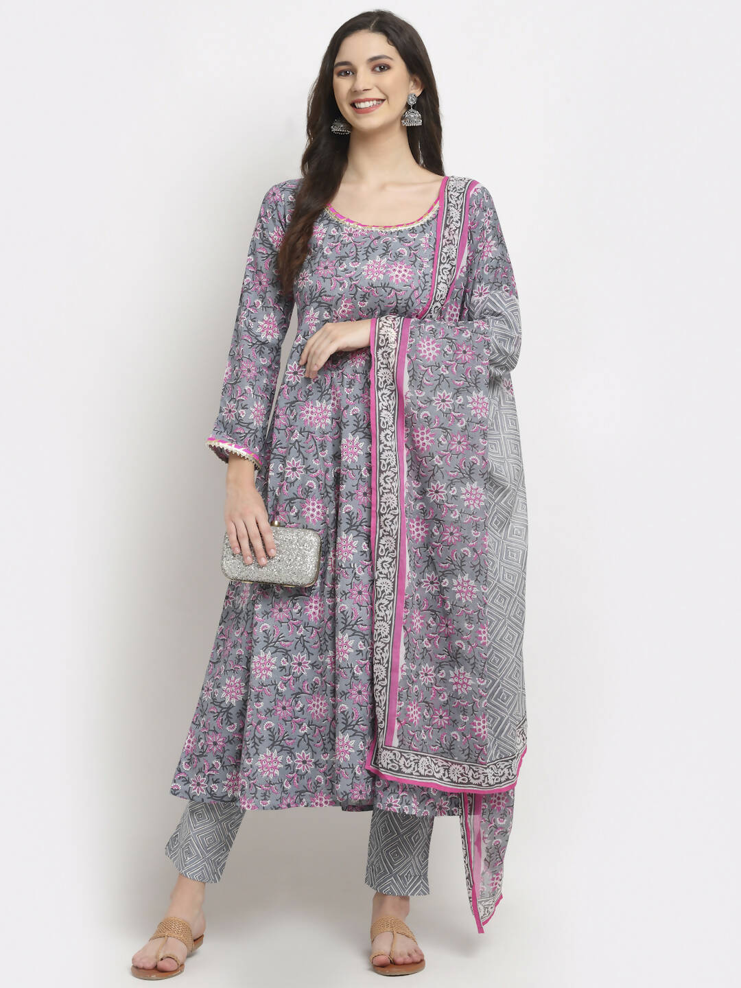 Rudra Bazaar Grey Printed Anarkali Suit Set With Dupatta - Distacart