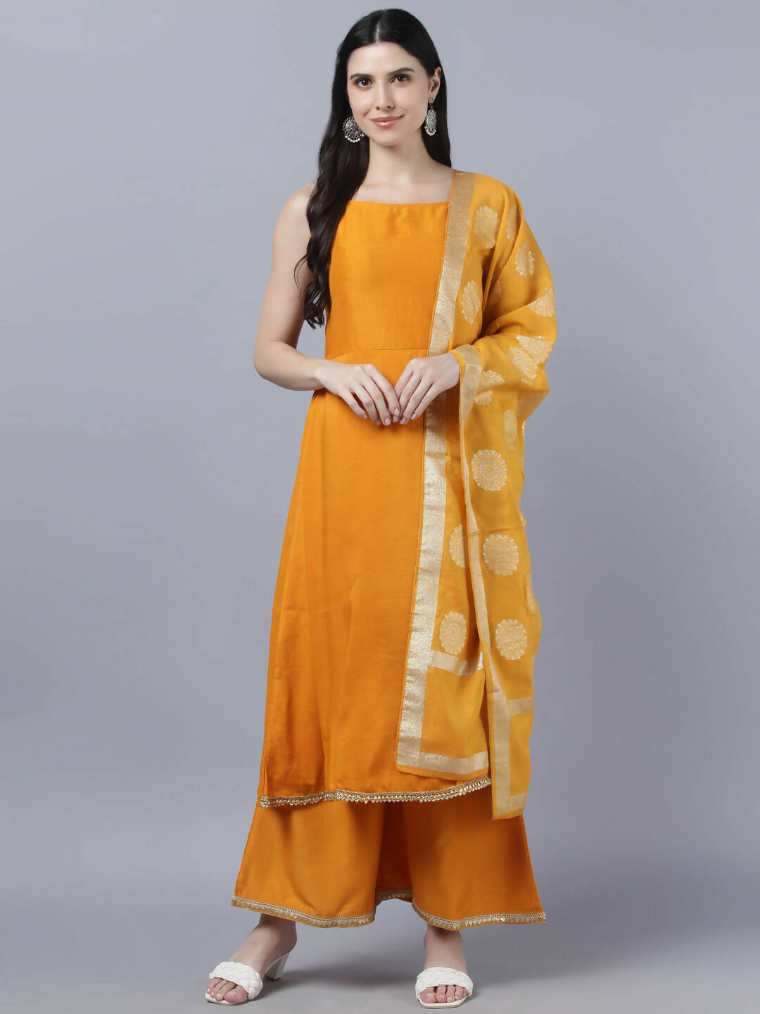Myshka Women Yellow Panelled Kurta with Palazzos With Dupatta - Distacart