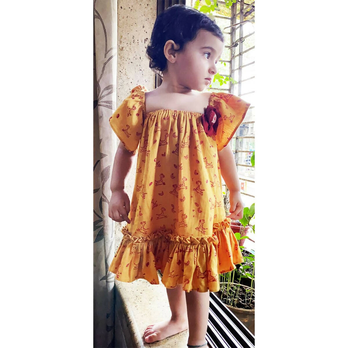 Mhyssa Half Frill Sleeves Square Neck Yellow Block Printed Frock - Distacart