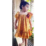Thumbnail for Mhyssa Half Frill Sleeves Square Neck Yellow Block Printed Frock - Distacart