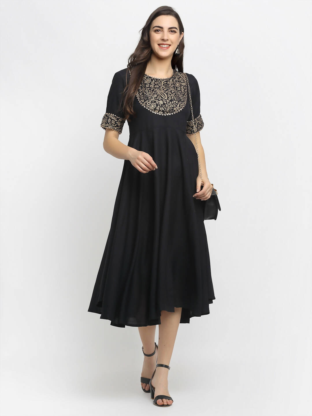 Rudra Bazaar Black Block Printed Flared Ethnic Kurta - Distacart