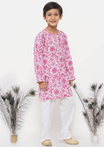 Thumbnail for Little Bansi Cotton Floral Kurta with Pearl Buttons & Pyjama in Pink & Cream - Distacart
