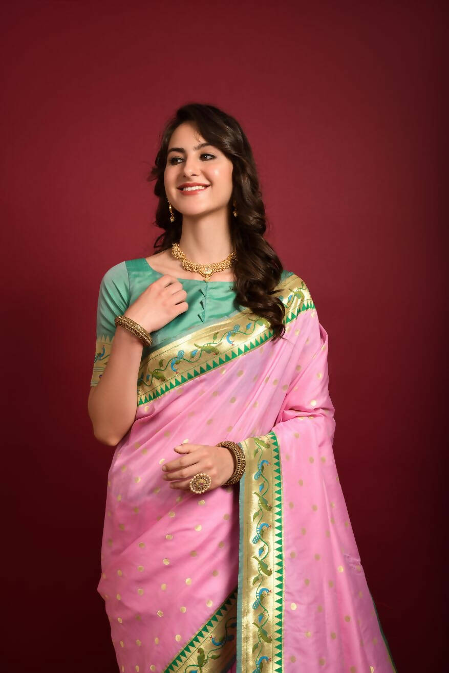 Vishnu Weaves Women's Baby Pink Paithani Silk Zari Woven Saree with Unstitched Blouse - Distacart