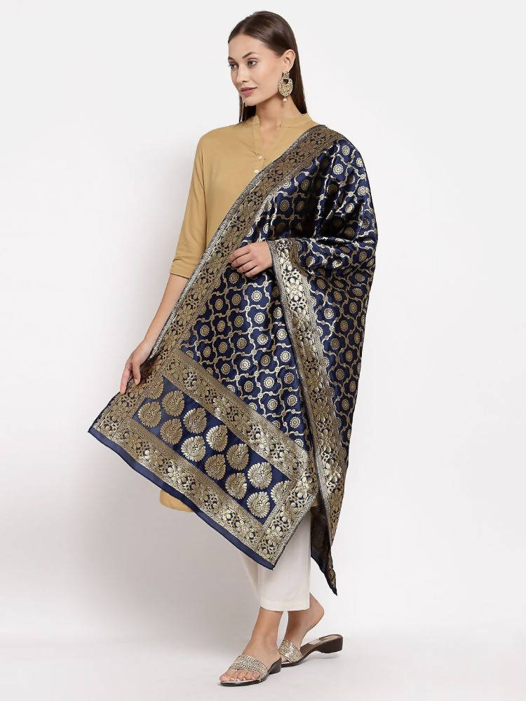 Myshka Women's Black Silk Print Casual Dupatta