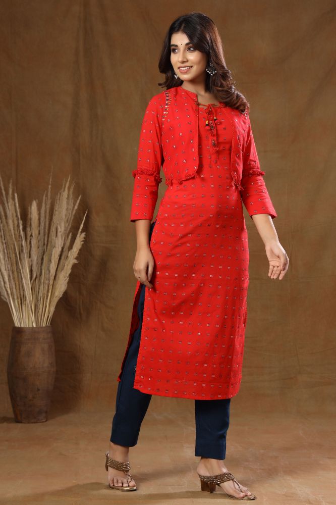 Kaajh Red Printed Jacket Kurta Pant Set For Women - Distacart
