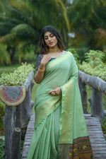 Thumbnail for Vishnu Weaves Women's Sea Green Cotton Silk Zari Woven Saree with Blouse - Distacart