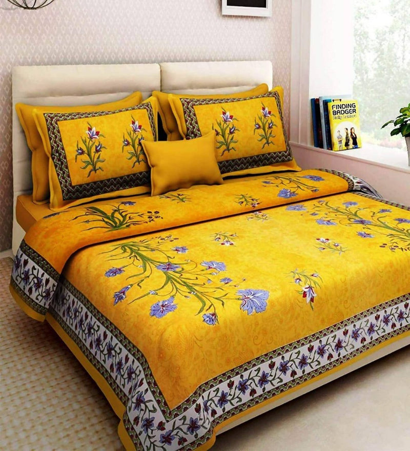 Vamika Printed Floral Cotton Yellow Bedsheet With Pillow Covers 