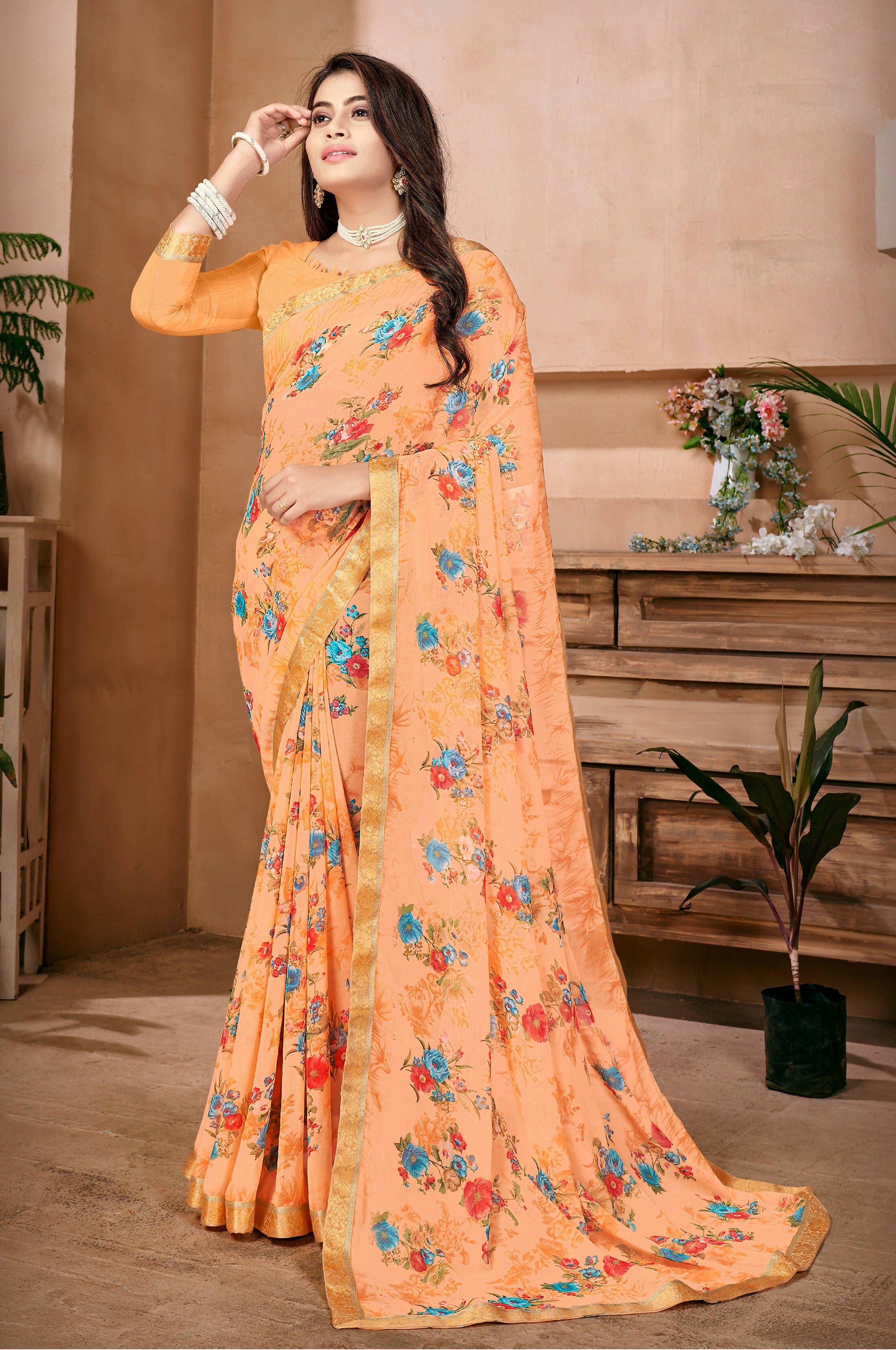 Orange Georgette Floral Printed Saree With Unstitched Blouse Piece - Jyoti - Distacart
