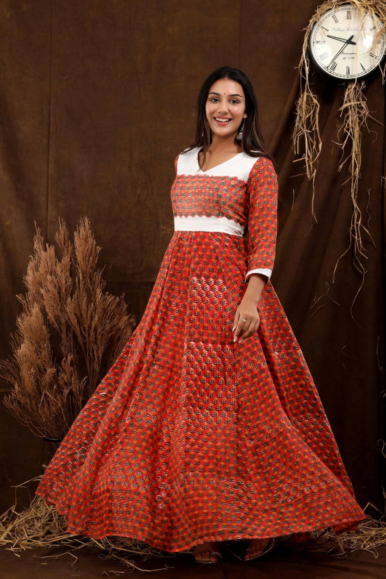 Women's Hand Block Printed Linen Dress With Dupatta - Isya - Distacart
