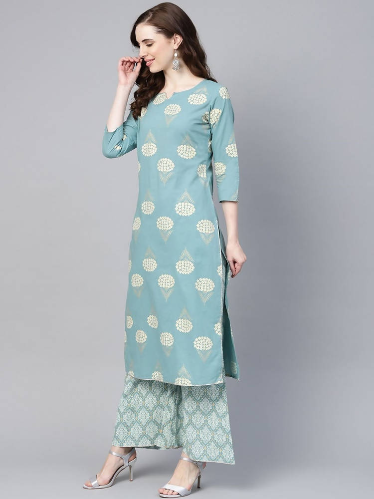 Yufta Women Blue & Off-White Printed Kurta with Palazzo