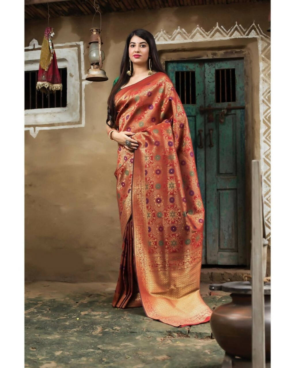 DEIANA'S Beautiful Golden Jari with New Design Soft Lichi Silk Saree - Red - Distacart
