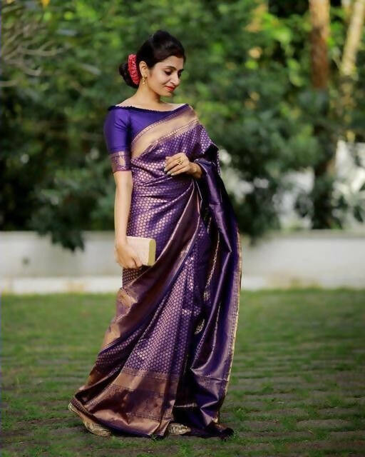 DEIANA'S Beautiful Golden Jari with New Design Soft Lichi Silk Saree - Purple - Distacart