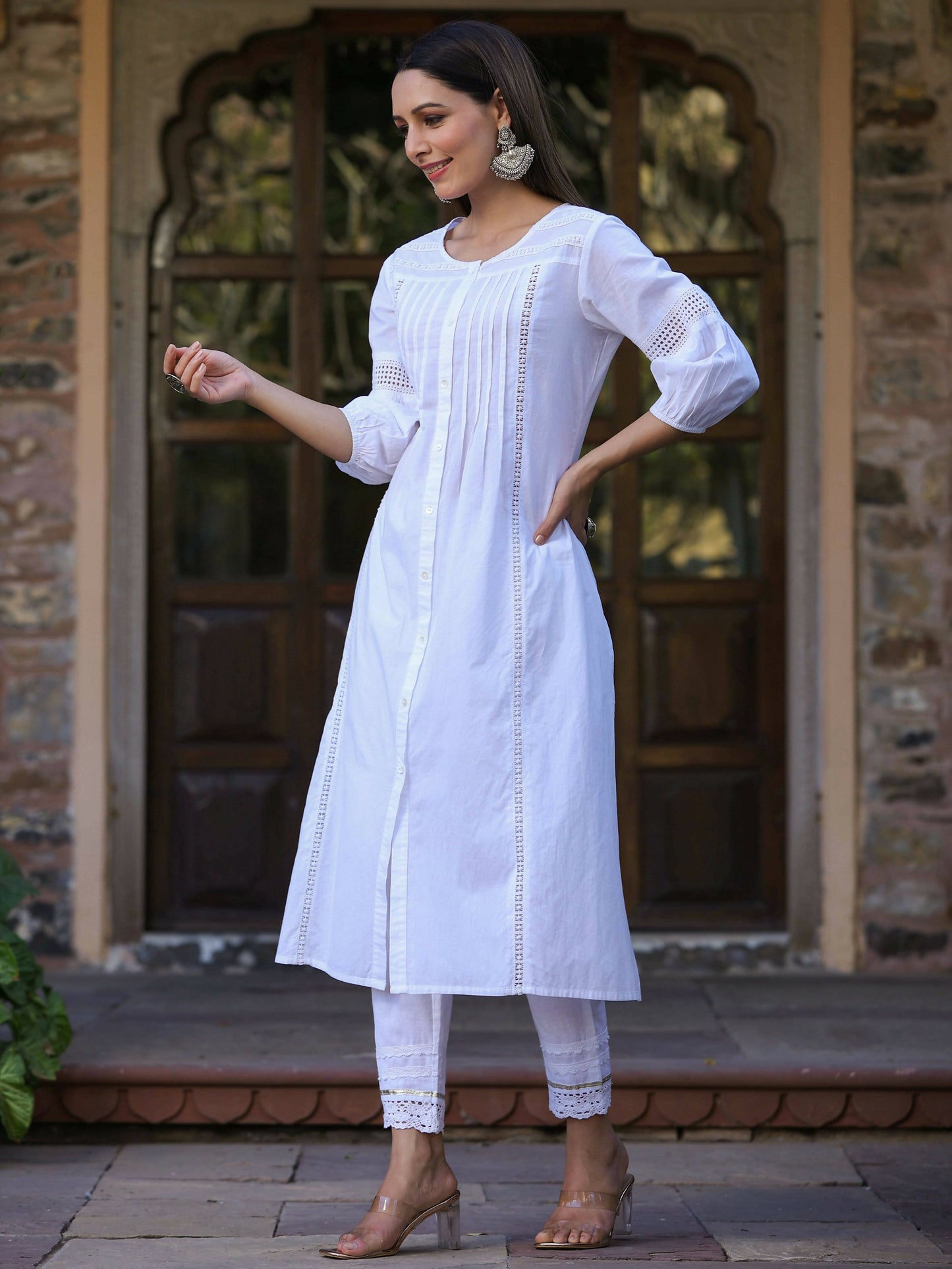 Juniper Women's White Cotton Cambric Solid A-Line Kurta - Distacart