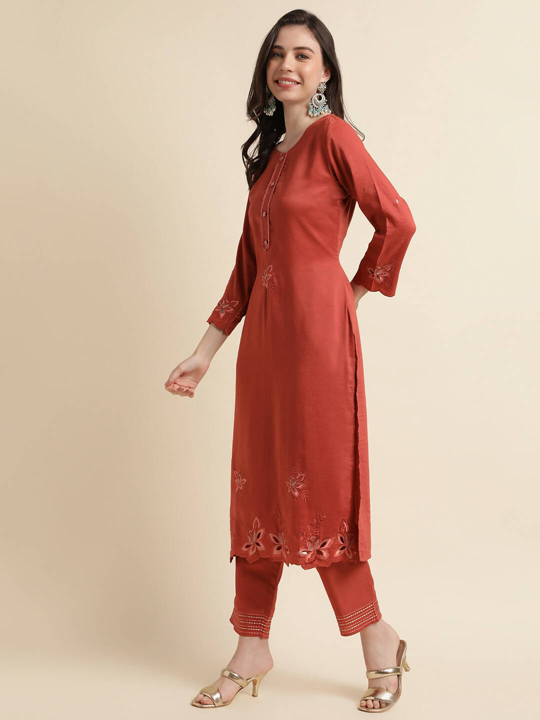 Orange Chinon Silk Embroidered Straight Kurta with Trouser & Dupatta - Salimar - Distacart