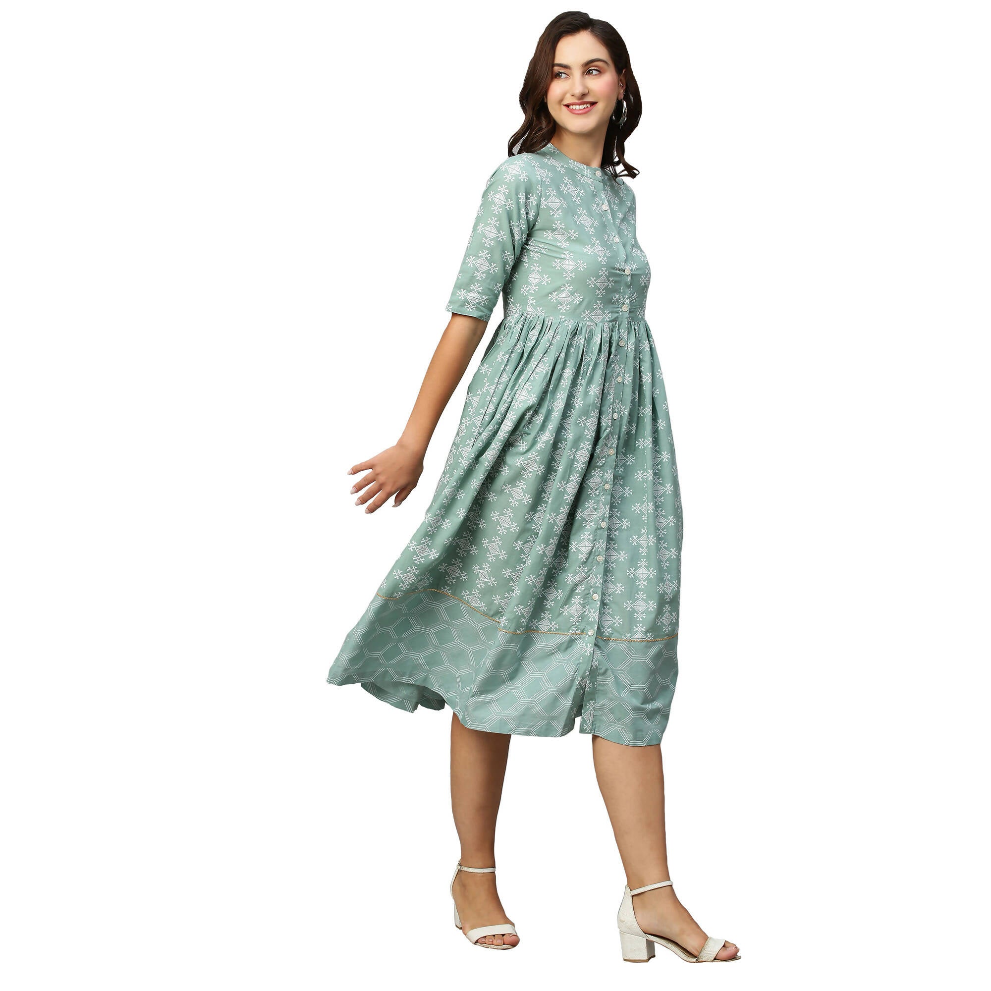 Green & Off-White Ethnic Motifs Printed Cotton A-Line Dress - Poonam - Distacart