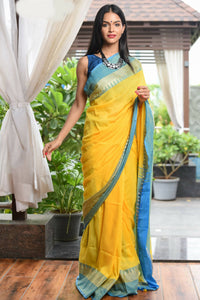 Thumbnail for Very Much Indian Pure Cotton Handloom Saree With Intricate Borders - Yellow - Distacart