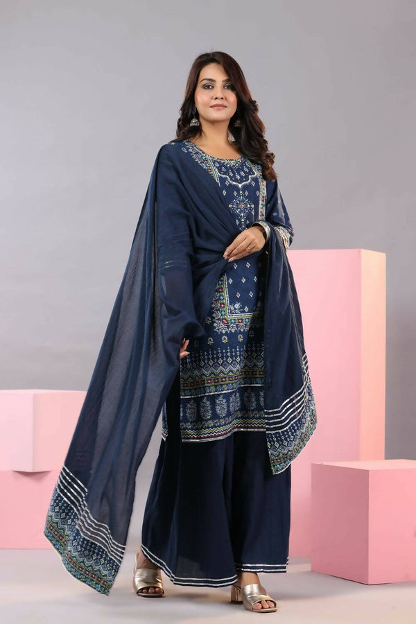 Juniper Women Indigo Cotton Cambric Printed Kurta, Palazzo and Dupatta Set - Distacart