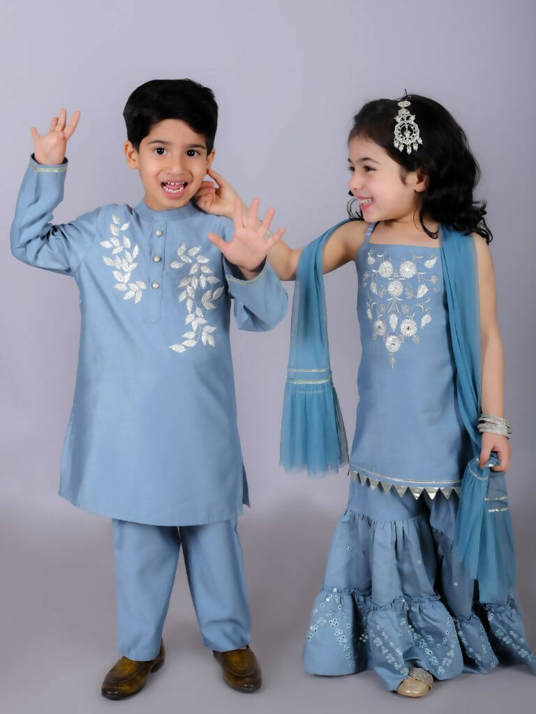 Lil Drama Ethnic Girls Blue Kurta with Sharara and dupatta set - Distacart