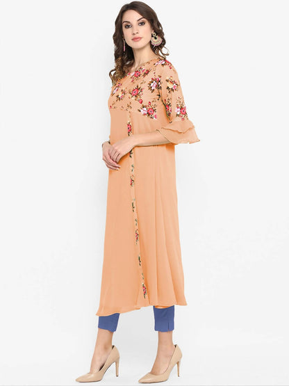 Janasya Peach-Coloured & Green Floral Printed Bell Sleeves Kurta - Distacart